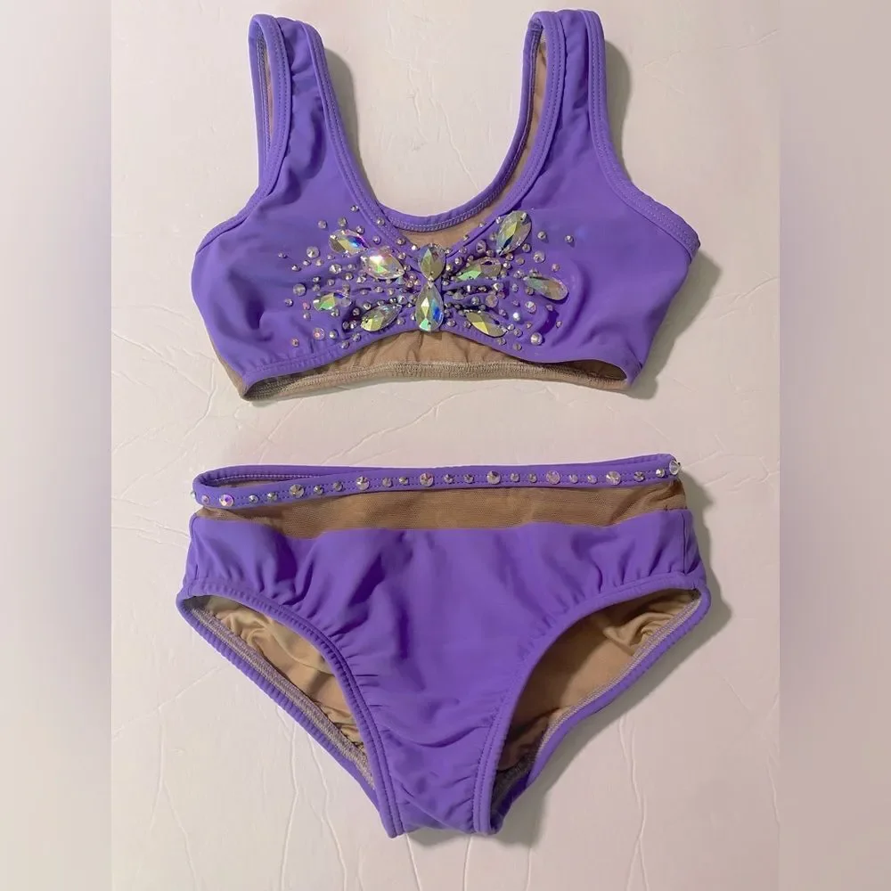 AA dance design custom solo costume purple rhinestone 2 piece set illusion LC